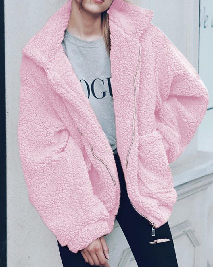 

Fluffy Zipper Up Pocket Design Oversized Coat, Pink