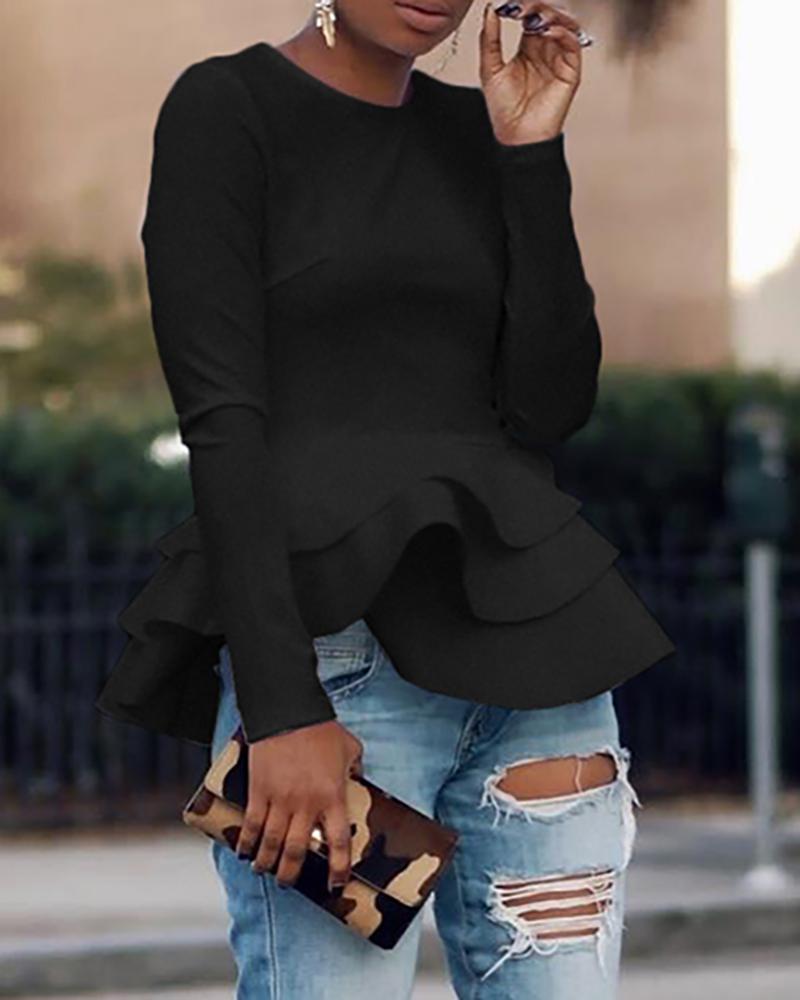 

Solid Long Sleeve Layered Ruffles Blouse, Black