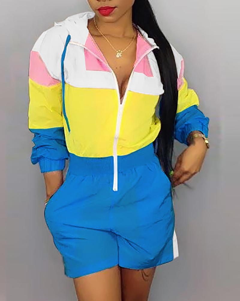 

Long Sleeve Colorblock Sunscreen Loose Romper, Blue