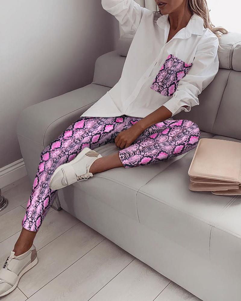 

Turn-down Collar Snakeskin Shirt & Pants Sets, Purple