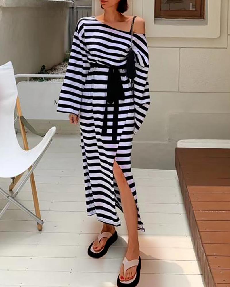 

Striped Colorblock One Shoulder High Slit Maxi Dress, Black