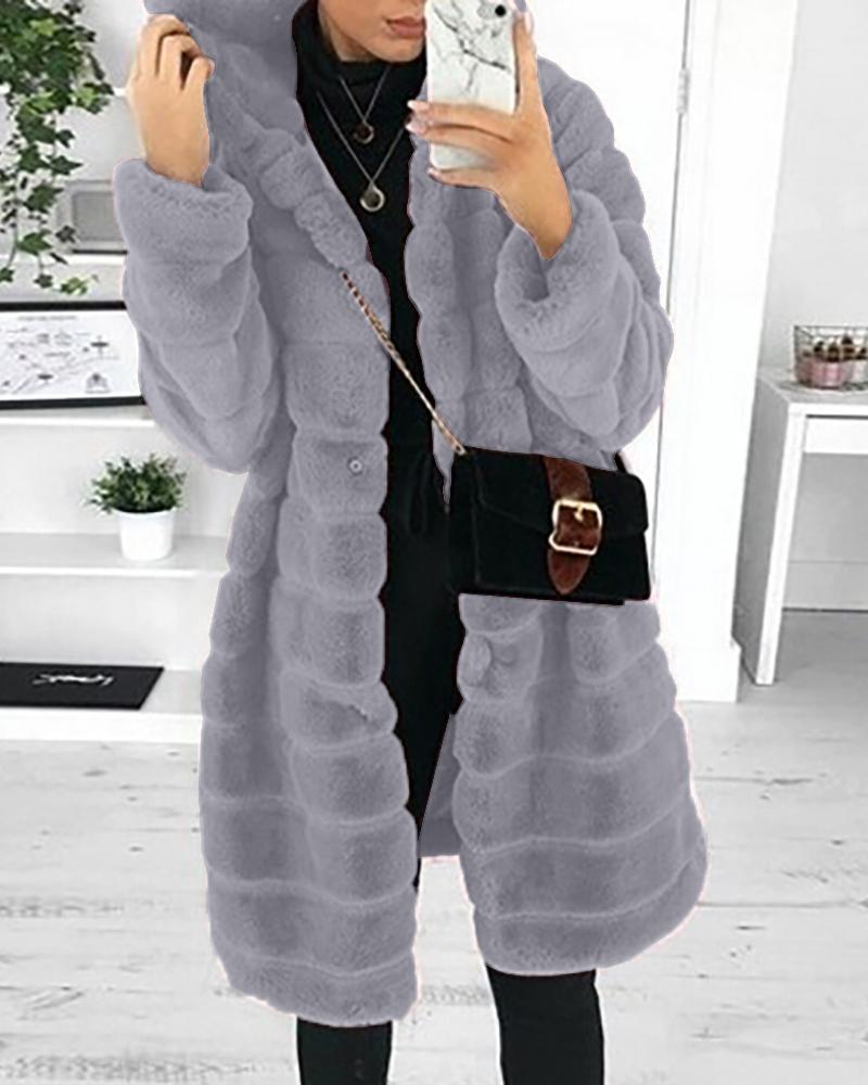 

Pocket Design Long Sleeve Hooded Teddy Coat, Gray