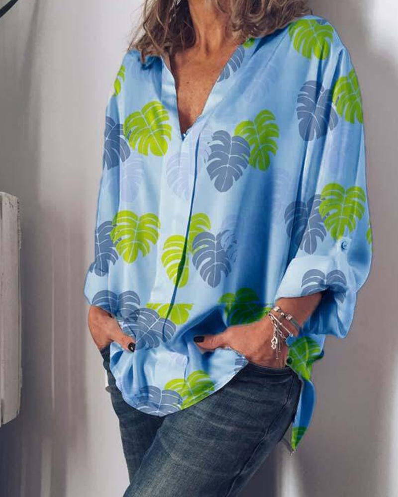 

V Neck Long Sleeve Leaf Print Top, Blue