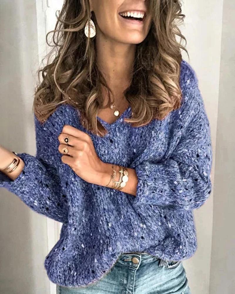 

V-Neck Long Sleeve Knitting Casual Sweater, Blue