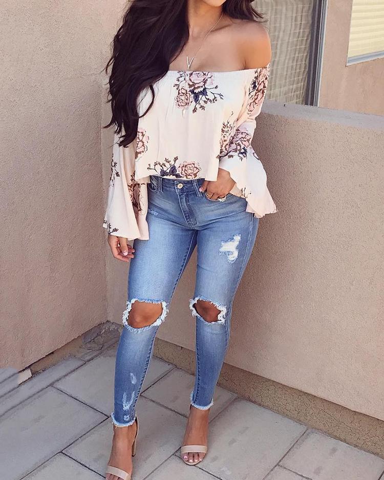 

Floral Off Shoulder Flare Sleeve Casual Blouse