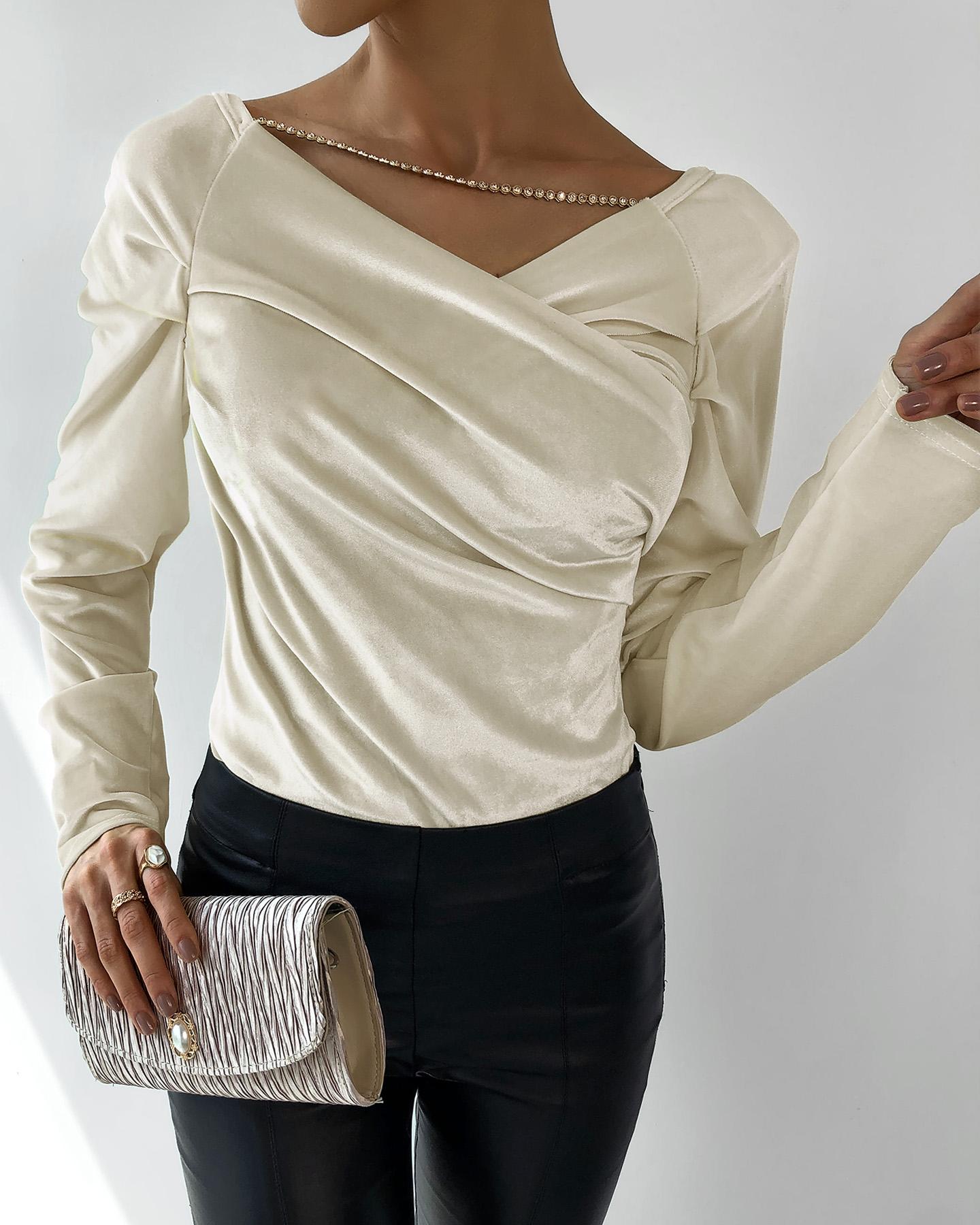 

Plain Cutout Long Sleeve Wrap Top, Apricot