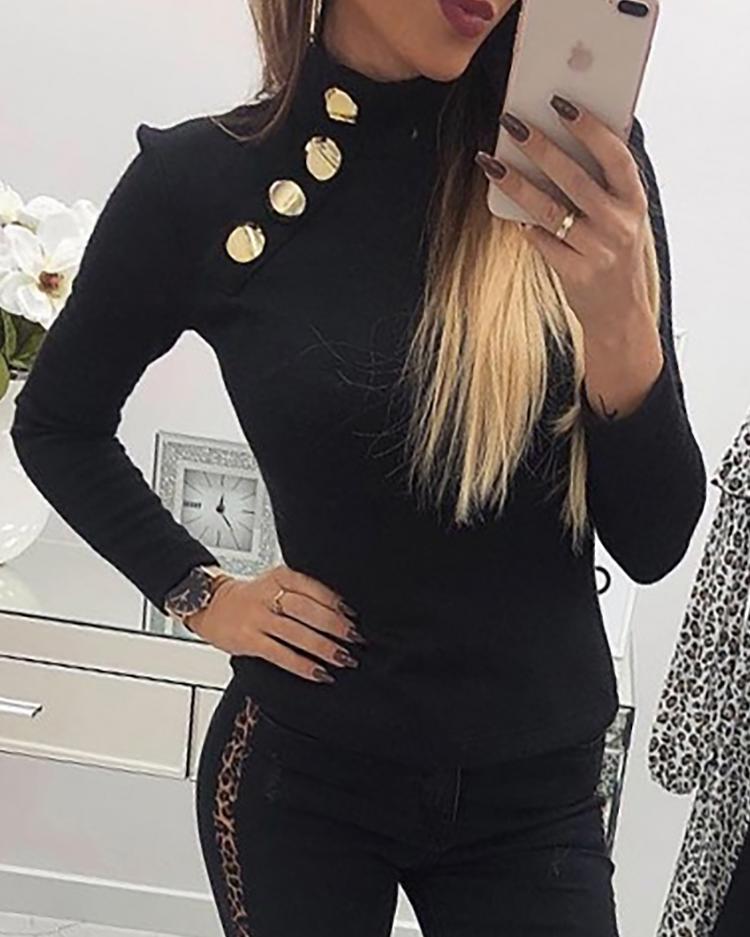 

High Neck Button Detail T-Shirt, Black