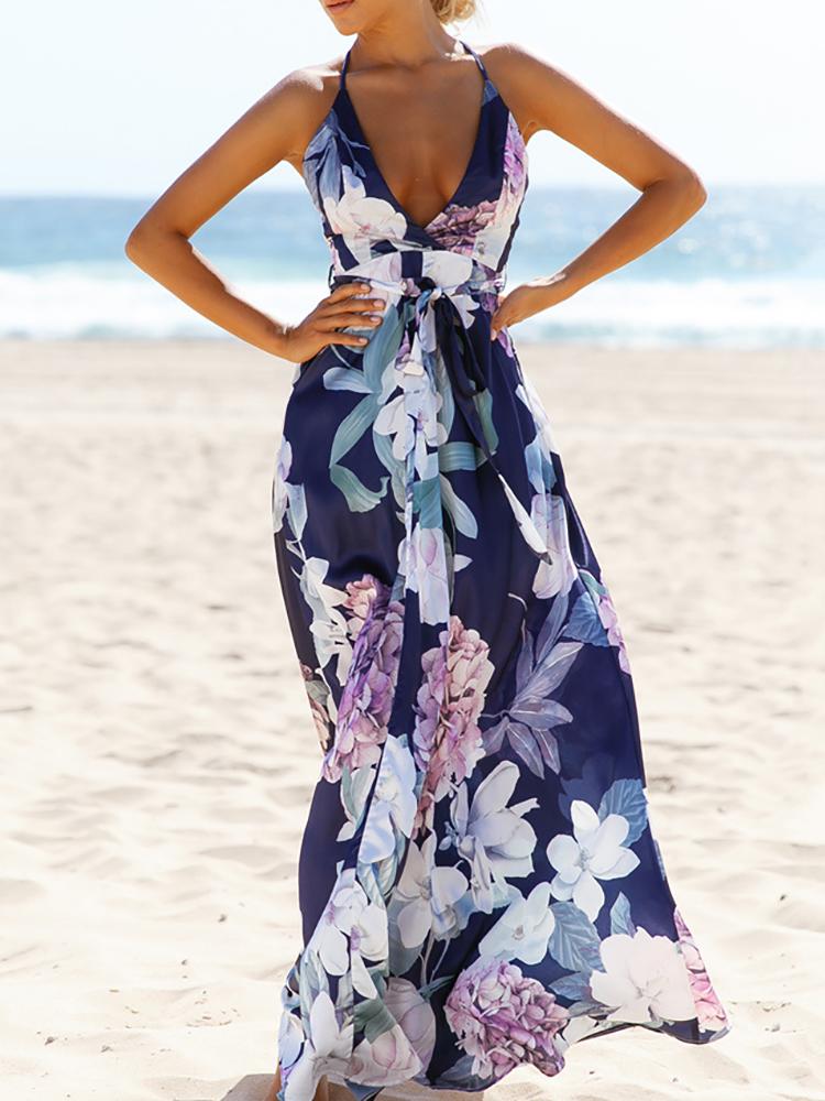 

jacquard Cross Back Belted Waist Maxi Dress, Blue