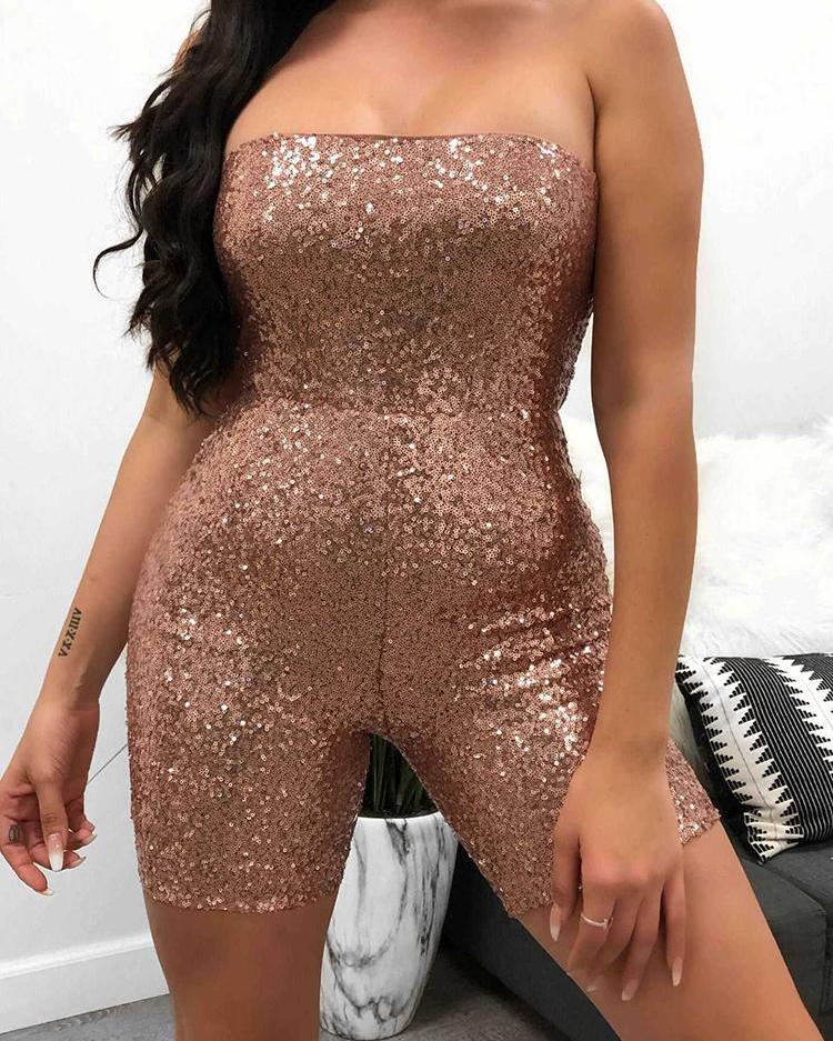 

Strapless Shiny Sequin Romper, Rose gold