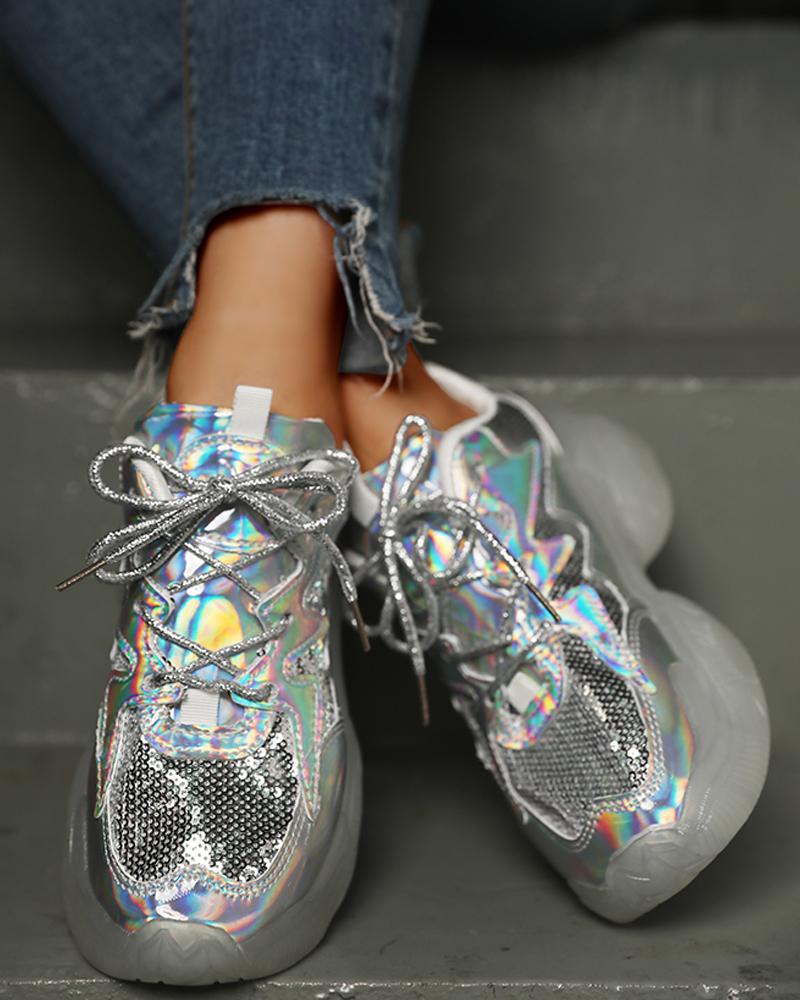 

Laser Sequins Lace-Up Platform Casual Sneakers, Silver