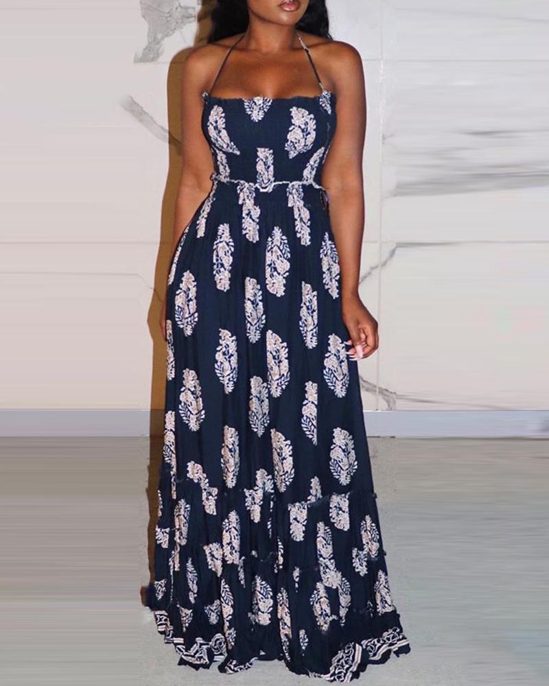 

Floral Pattern Print Halter Backless Maxi Dress, Blue