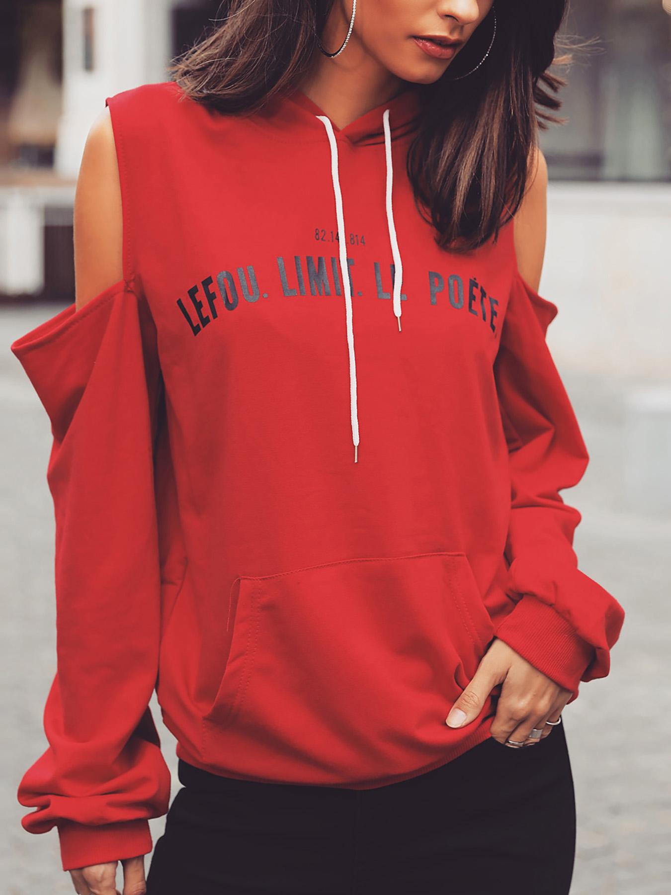 

Letter Print Cold Shoulder Hooded Sweatshirts