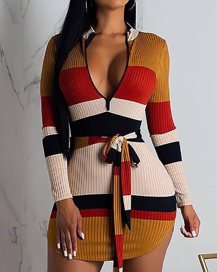 

Contrast Stripes Deep V Belted Mini Dress, Brown