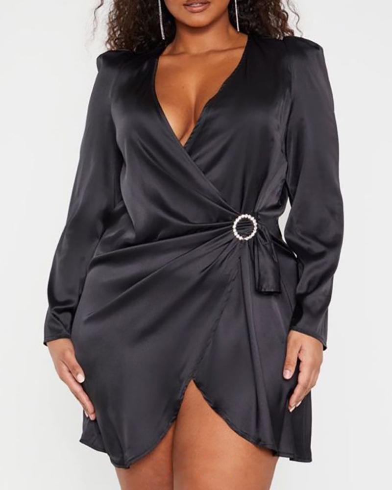 

Plus Size Satin Long Sleeve Wrap Dress, Black