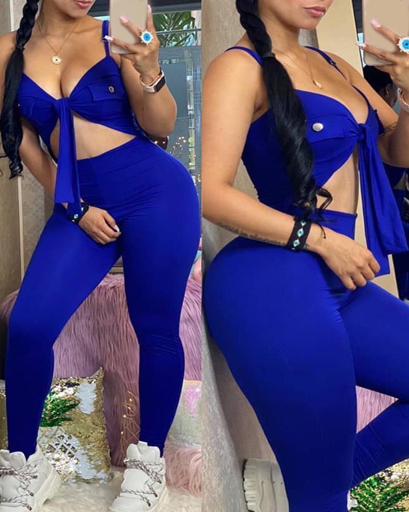 

Adjustable Spaghetti Strap Knotted Crop Top & Pants Set, Blue