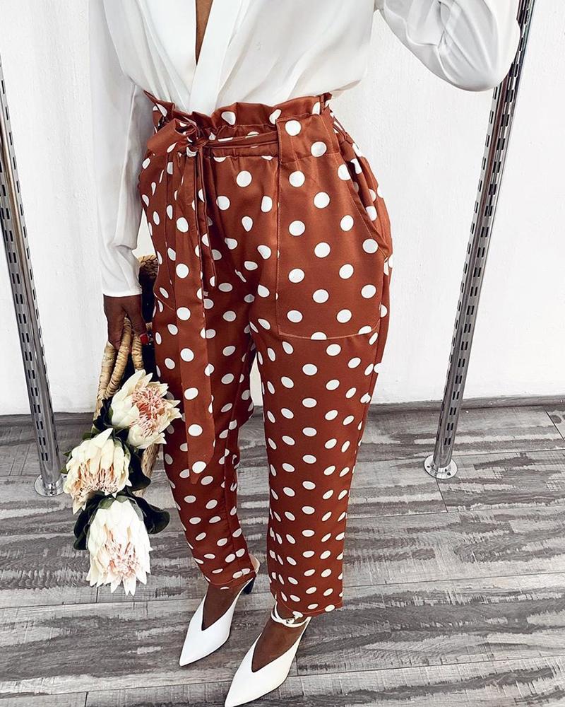 

High Waist Dot Print Paperbag Waist Pants