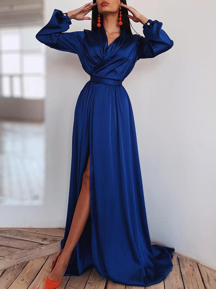 

Long Sleeve Ruched Thigh Slit Evening Dress, Dark blue