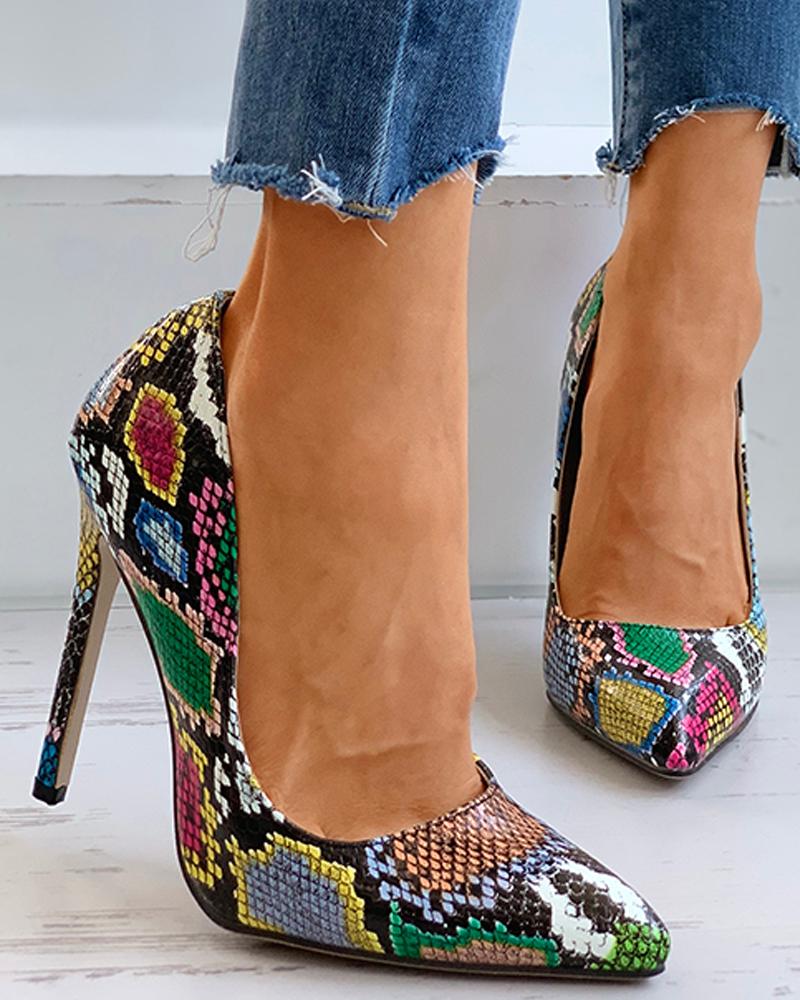 

Snakeskin Print Pointed Toe Stiletto Heeled Pumps, Multicolor