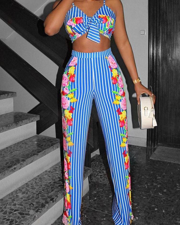 

Sexy Pinstripes Floral Print Knot Cope Top With Pants, Multicolor