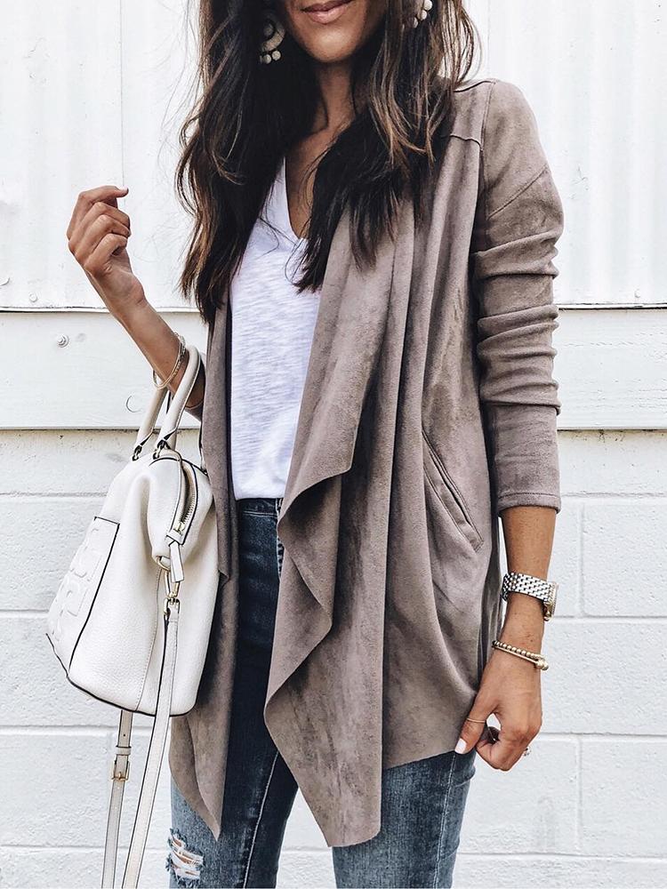 

Solid Long Sleeve Shawl Collar Casual Coat, Coffee