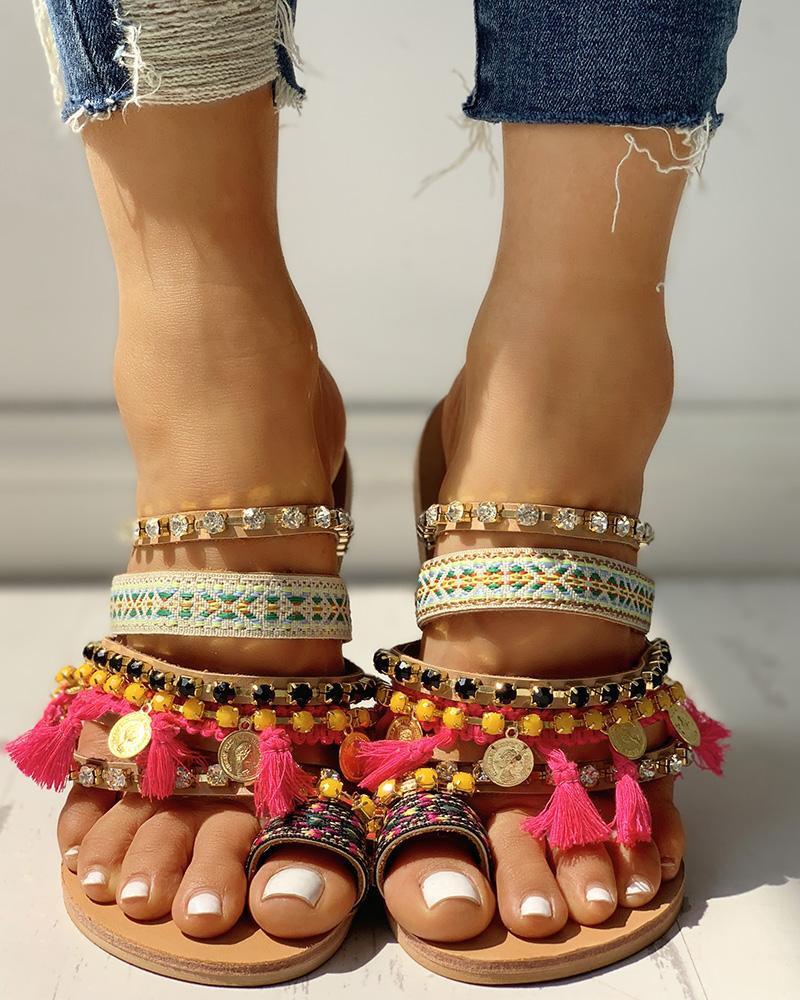 

Studded Tassel Design Toe Ring Sandals