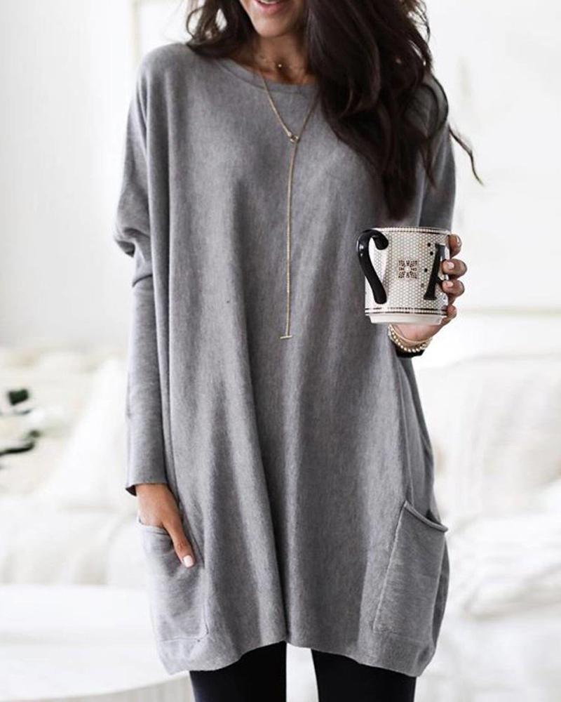 

Solid Long Sleeve Longline Pocket Blouse, Gray