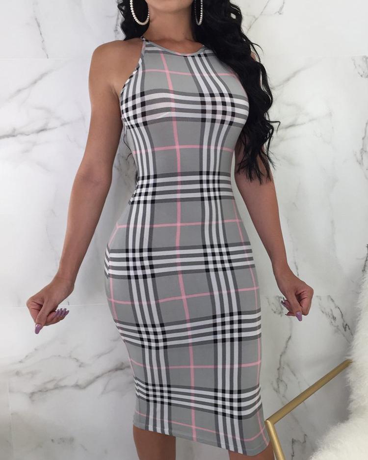

Plaid Print Halter Cut Out Back Bodycon Midi Dress, Gray