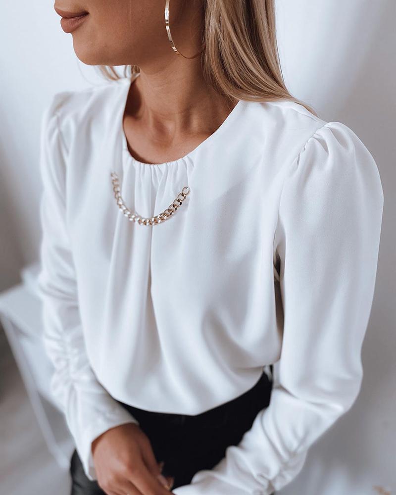 

Chain Decor Long Sleeve Casual Blouse, White