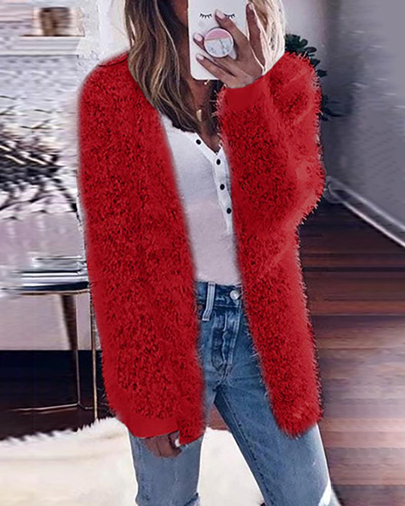 

Solid Fluffy Long Sleeve Casual Cardigan