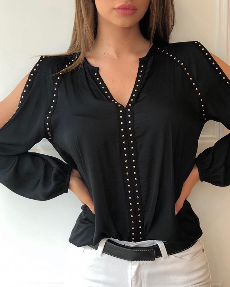 

Rivet Embellished Cold Shoulder Blouse, Black