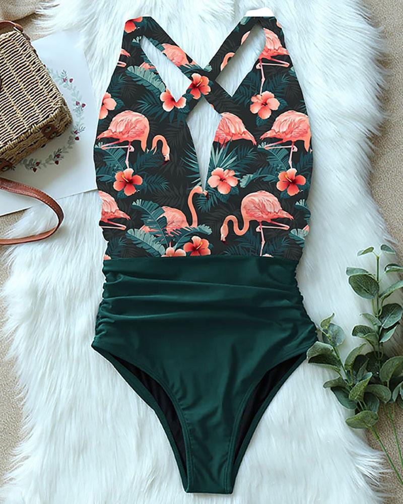 

V Neck Halter One Piece Swimwear, Dark green