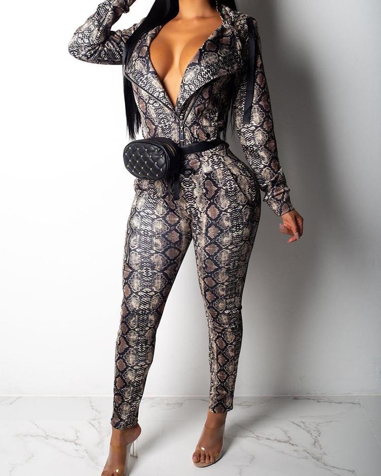 

Snakeskin Print Zipper Hooded Jacket & Pants Sets