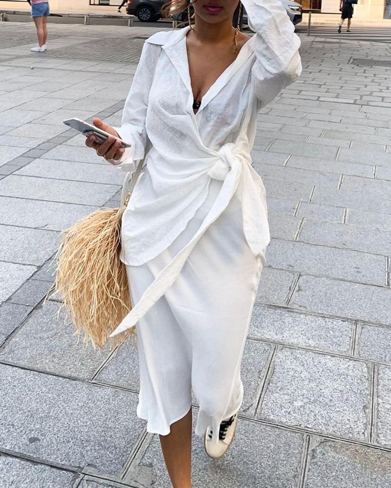 

Solid Knotted Waist Ruched Shirt Dress
