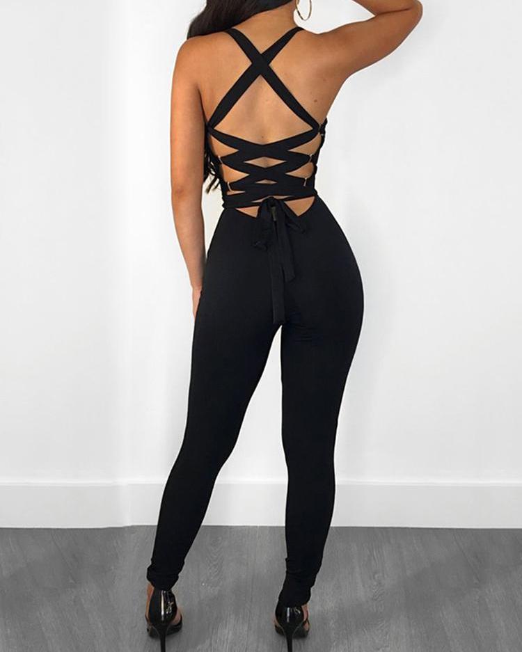 

Solid Lace-up Back Slinky Petite Jumpsuit, Black