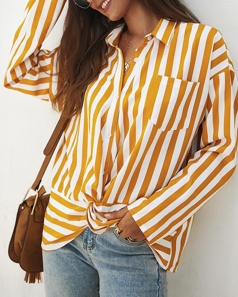 

Long Sleeve Striped Print Scrunch Shirt, Yellow