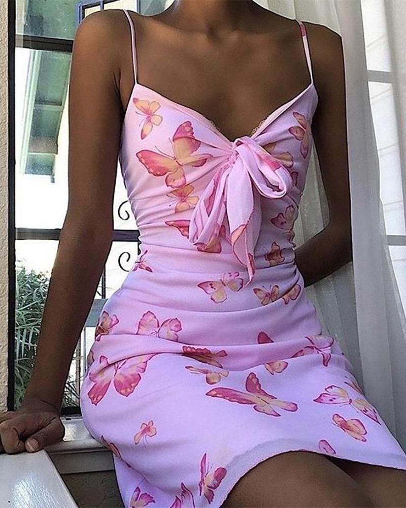 

Tie Front Spaghetti Strap Butterfly Print Dress, Pink
