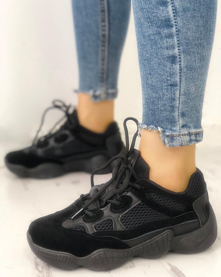 

Lace-Up Net Splicing Breathable Sneakers, Black