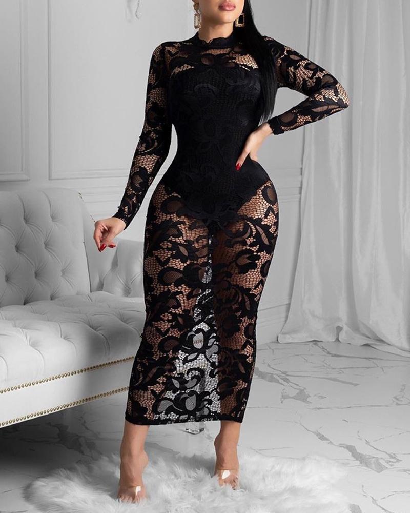 

Sheer Mesh Lace Insert Midi Dress With Lining, Black