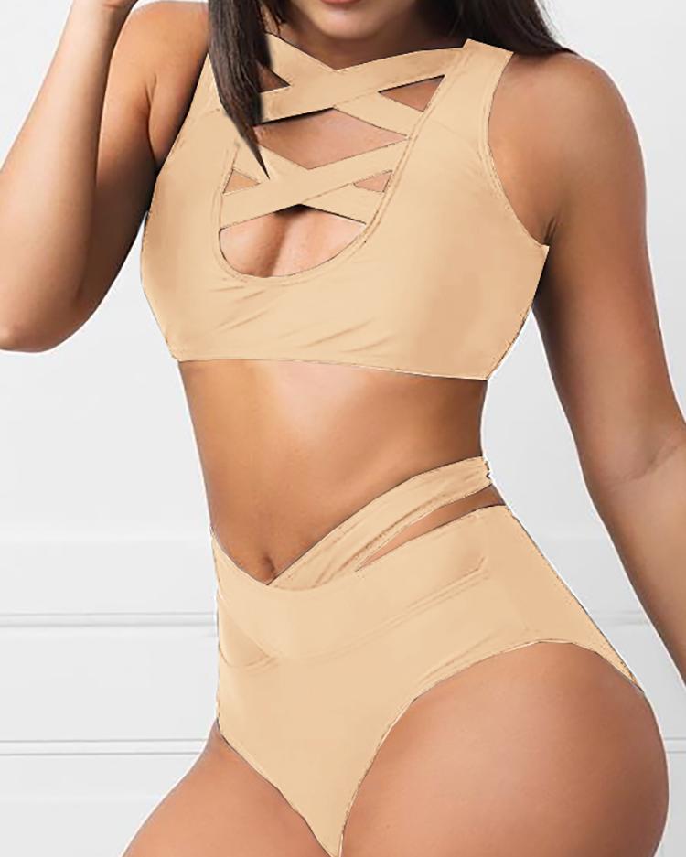 

Crisscross Bandage Cutout Tankini Set, Beige