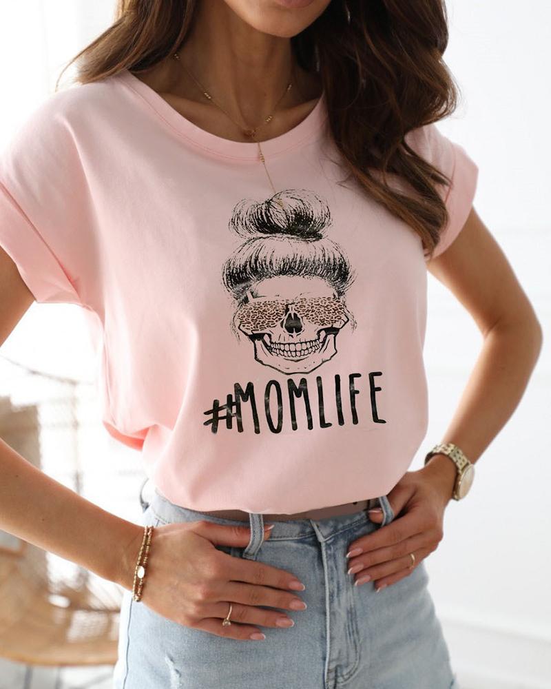 

Figure/Letter Print Cuff Sleeve T-Shirt, Pink