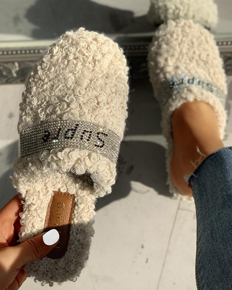 

Fluffy Letter Print Flat Slippers, Beige