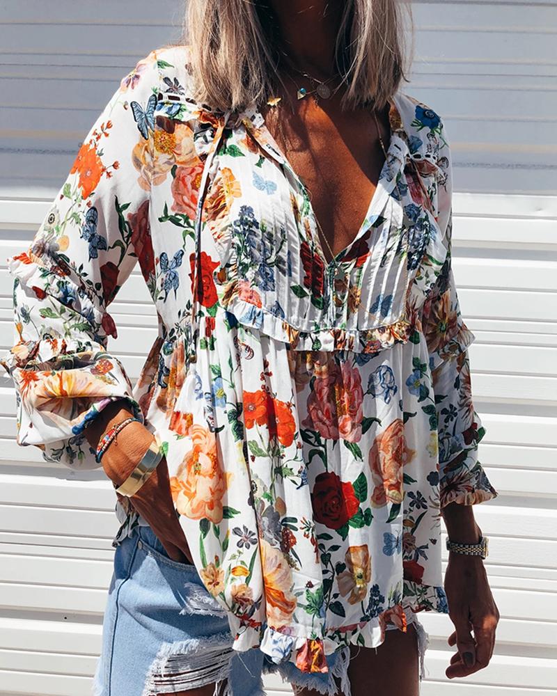 

V-neck Floral Print Ruched Blouse, Multicolor