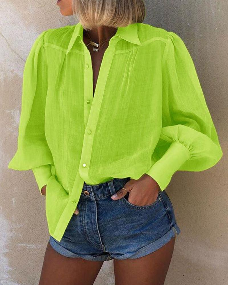 

Mutton Sleeve Button Detail Blouse, Green