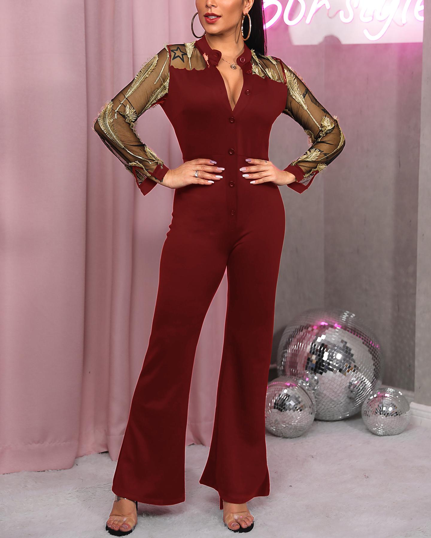 

Feather Sheer Mesh Insert Plunge Jumpsuit, Wine red