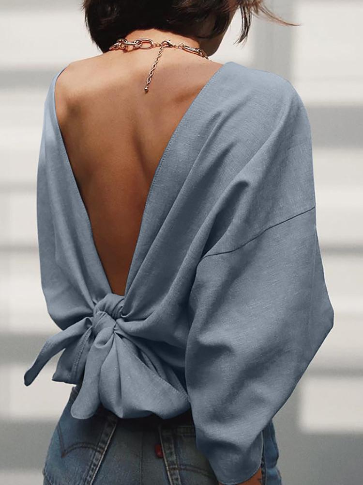 

Solid Knot Open Back Bat-Wing Sleeve Sweatshirt