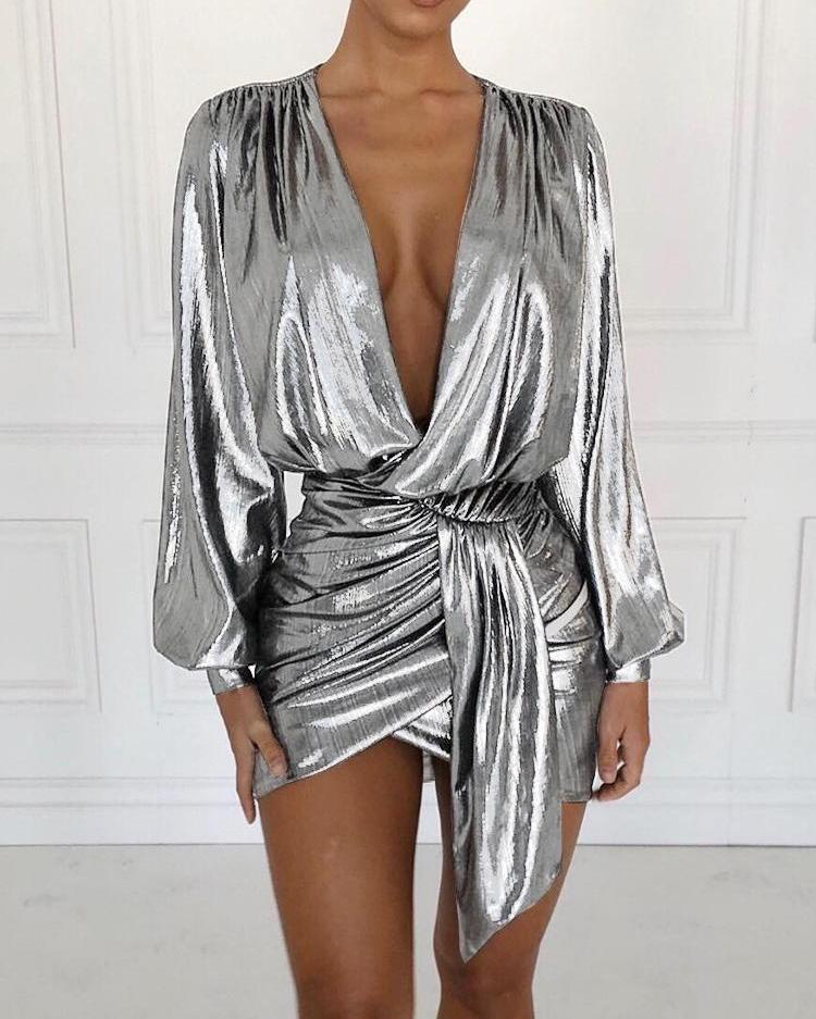 

Metallic Plunging Scrunched Irregular Party Dress, Silver