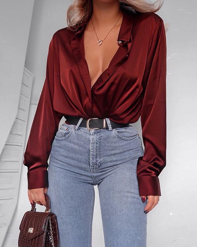 

Solid Button Up Collared Shirt, Wine red