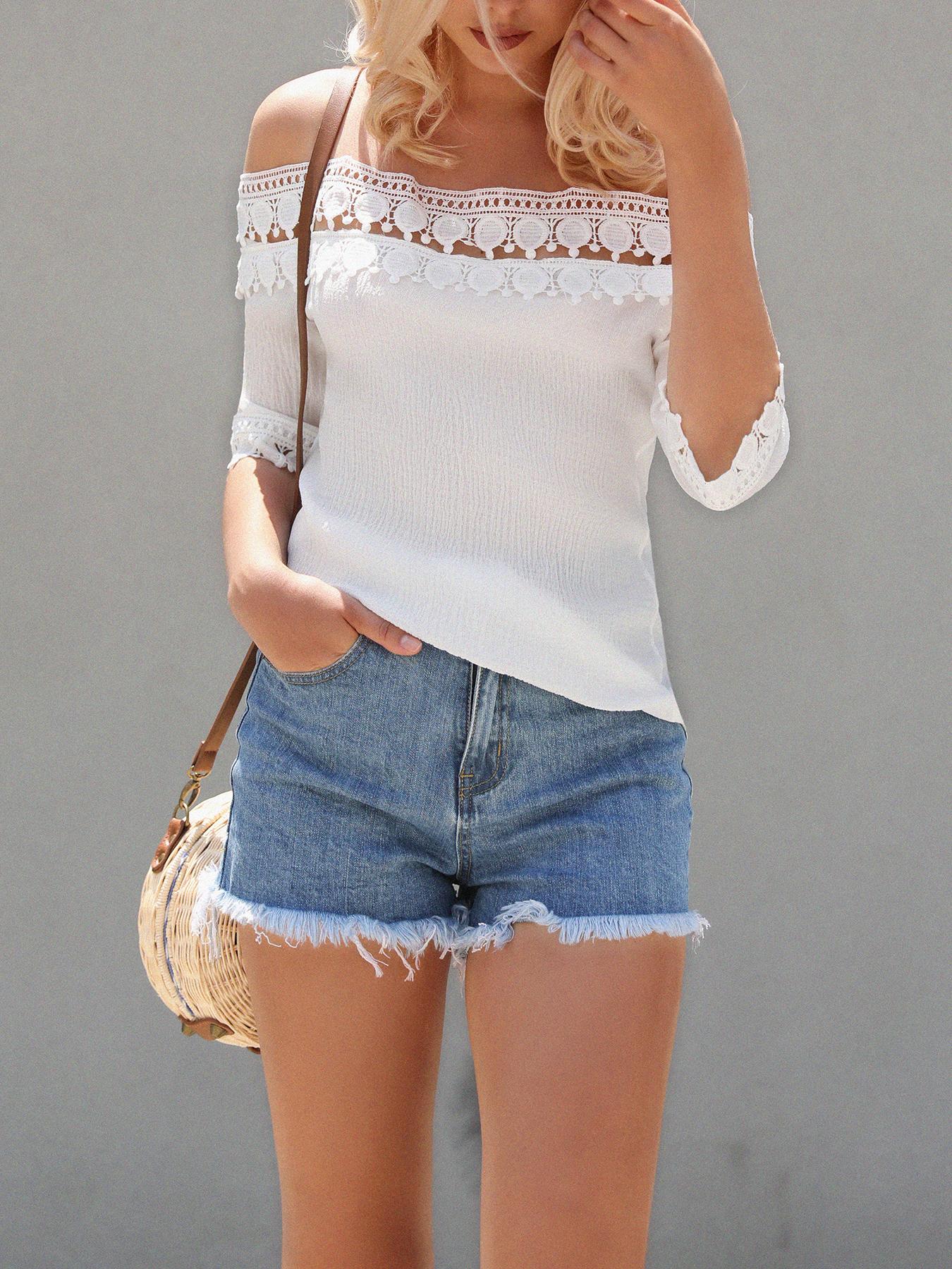 

Off Shoulder Guipure Lace Loose Blouse, White