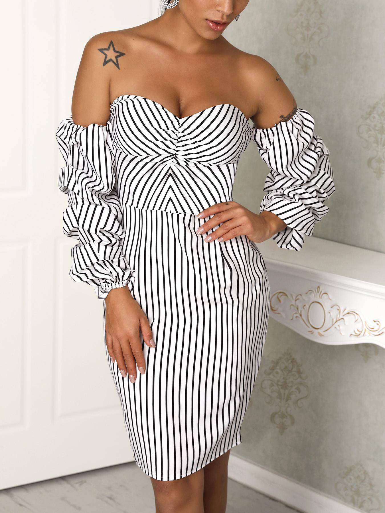 

Stripes Off Shoulder Puff Sleeve Bodycon Dress, White