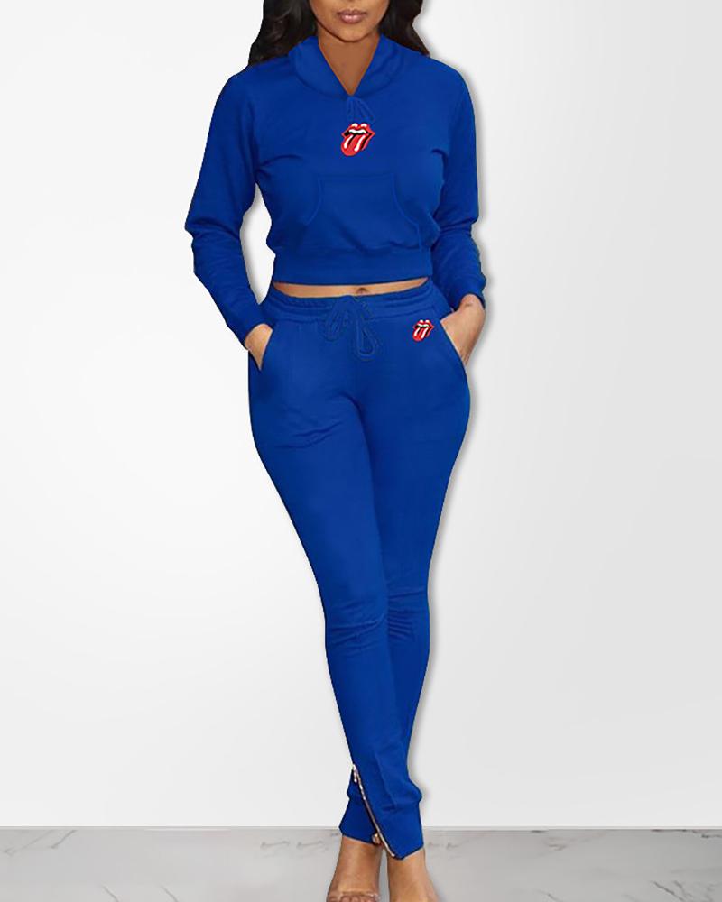 

Hooded Mouth Pattern Drawstring Tracksuit, Blue